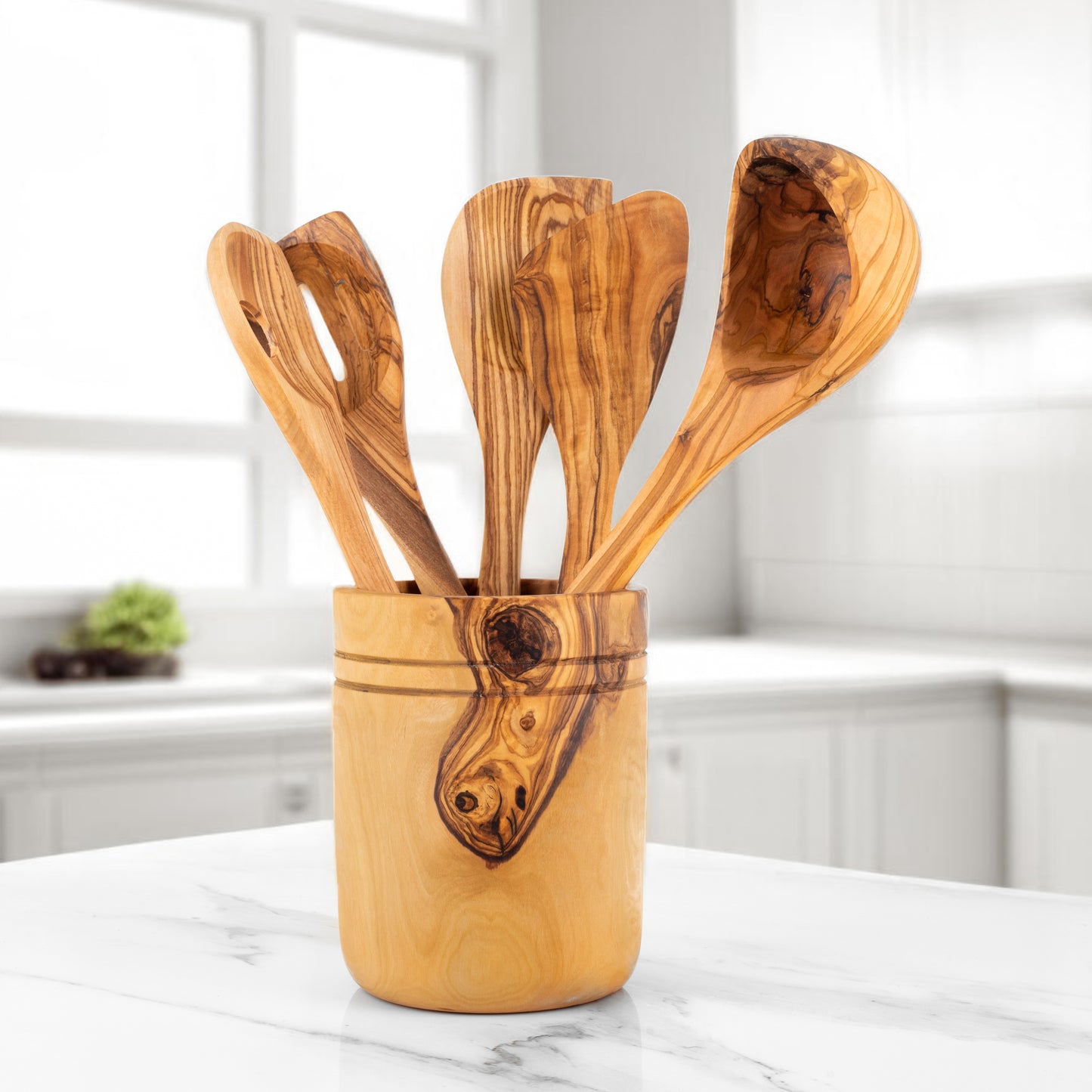 Handmade Olive Wood Kitchen Set (5-Piece) with Wooden Holder